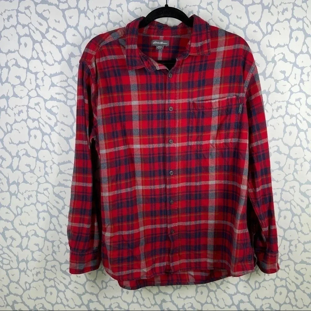 Eddie‎ Bauer Red Plaid Button Front Flannel XL